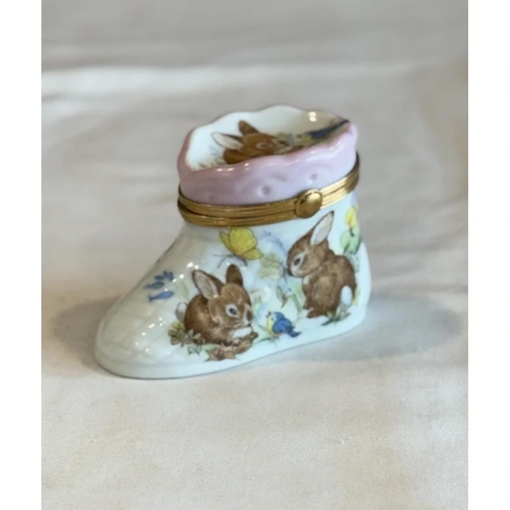 Limoges Fait Main France Trinket Box Porcelain Pink Bootie Bunny Deer Boot Shoe